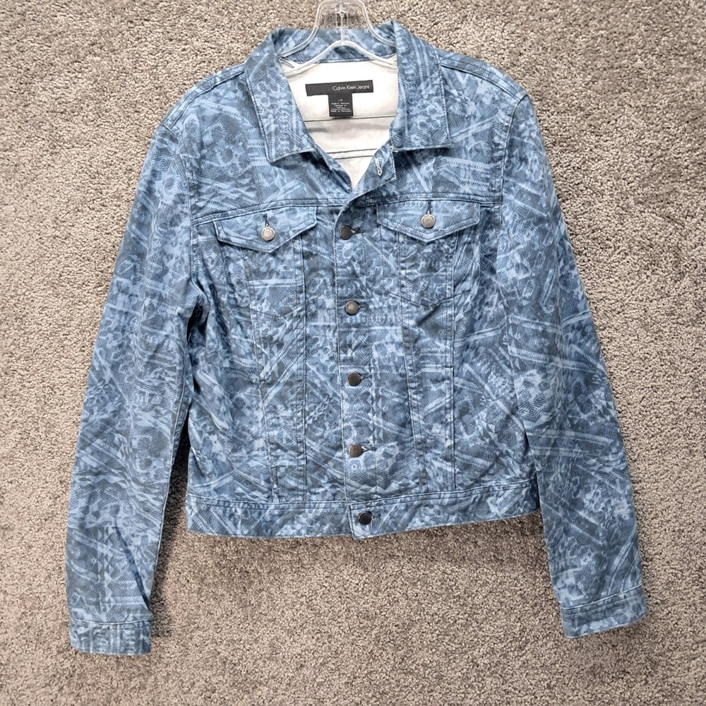Calvin Klein Jeans Womens Blue Geometric Tribal Print Denim Trucker Jacket L
